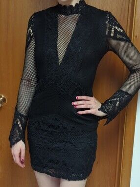 L'ATISTE Black Lace & Mesh Gothic Long-Sleeve Mini Dress Size S